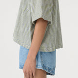 Bassike Stripe Boxy Pocket T-Shirt in Green and Blue and White