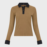 Bassike Rib Contrast Collar Long Sleeve Top in Chestnut and Brown and Black