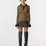 Bassike Rib Contrast Collar Long Sleeve Top in Chestnut and Brown and Black