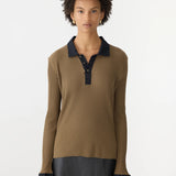 Bassike Rib Contrast Collar Long Sleeve Top in Chestnut and Brown and Black