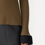 Bassike Rib Contrast Collar Long Sleeve Top in Chestnut and Brown and Black