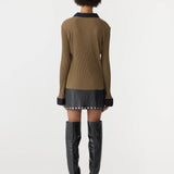 Bassike Rib Contrast Collar Long Sleeve Top in Chestnut and Brown and Black
