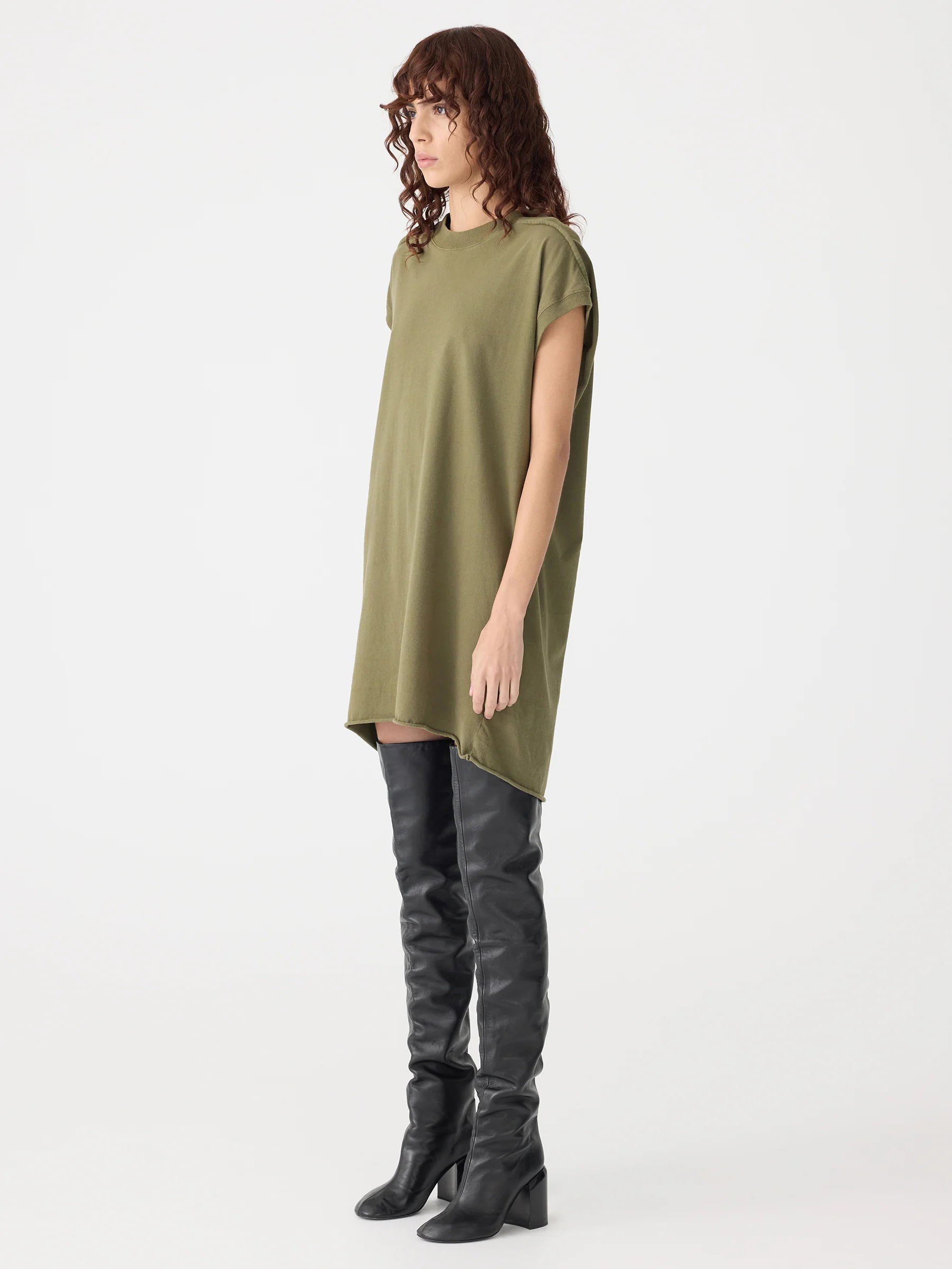 Bassike Sleeve Cut Off Tank Dress in Khaki Green