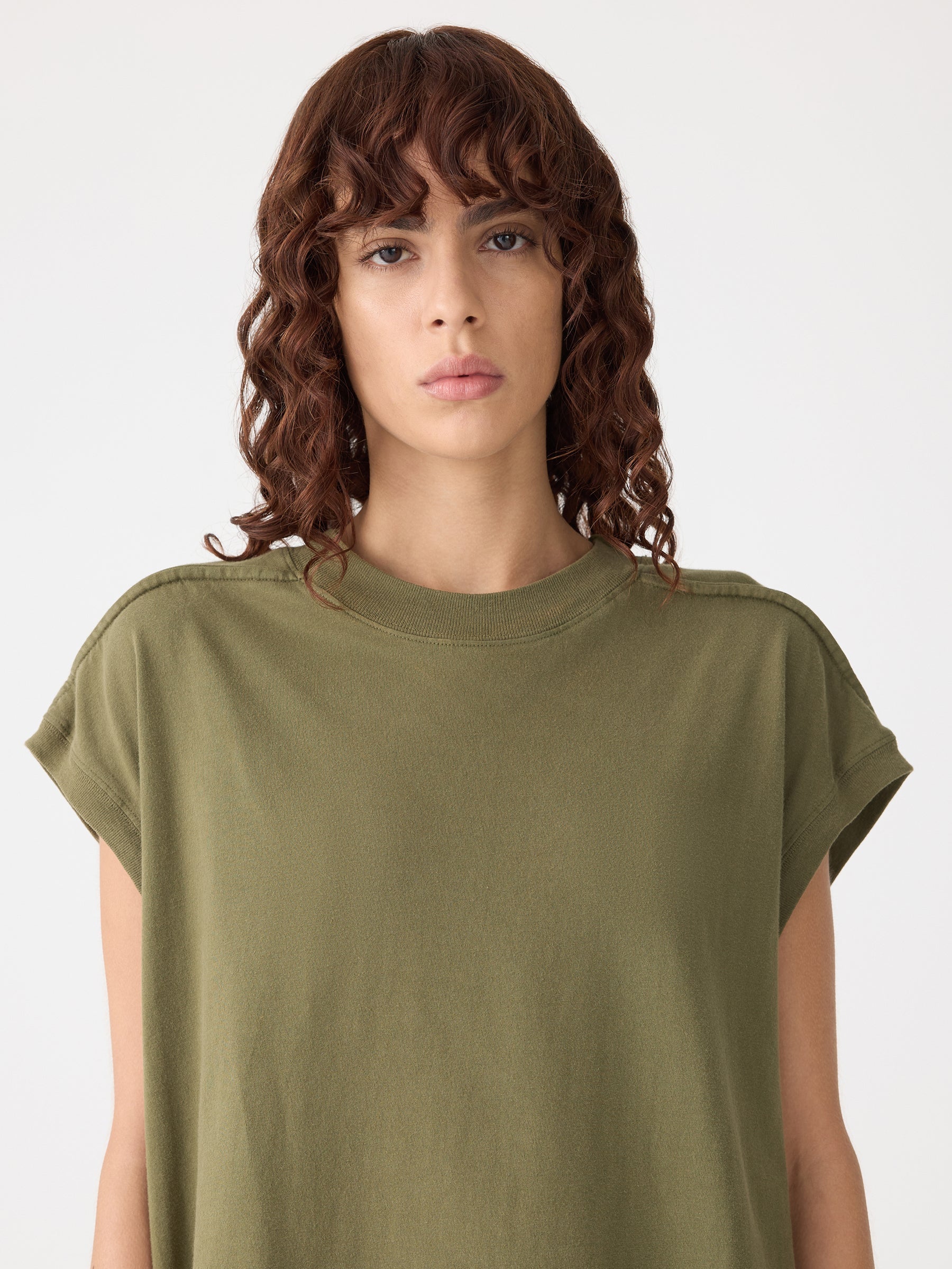 Bassike Sleeve Cut Off Tank Dress in Khaki Green