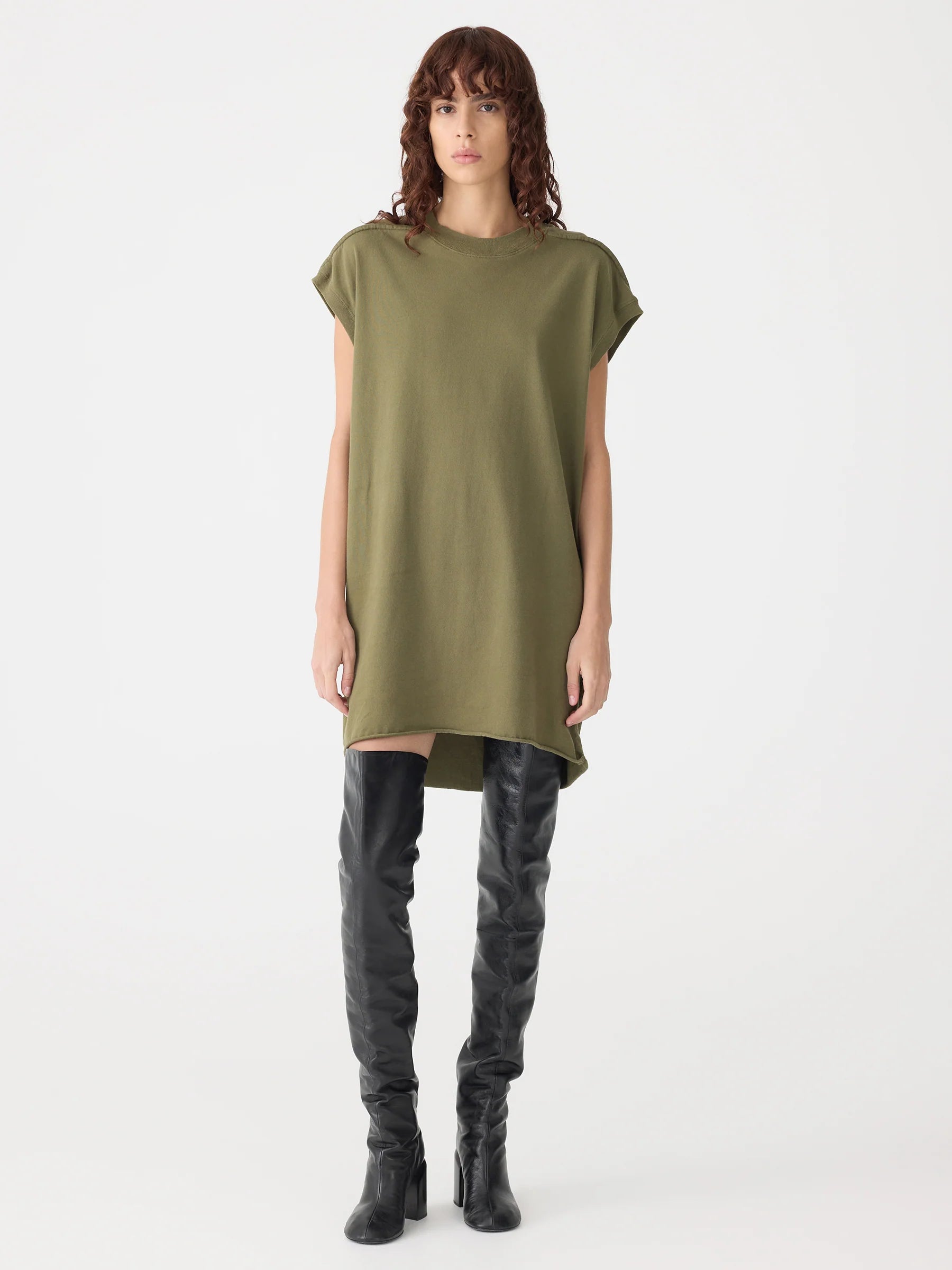 Bassike Sleeve Cut Off Tank Dress in Khaki Green