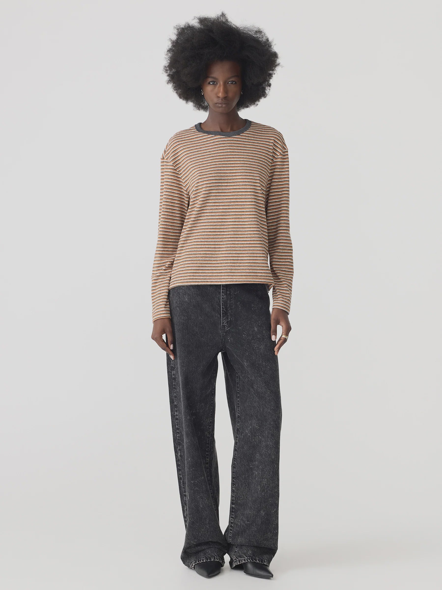 Bassike Vintage Stripe Heritage Long Sleeve T-Shirt in Orange and Charcoal and White