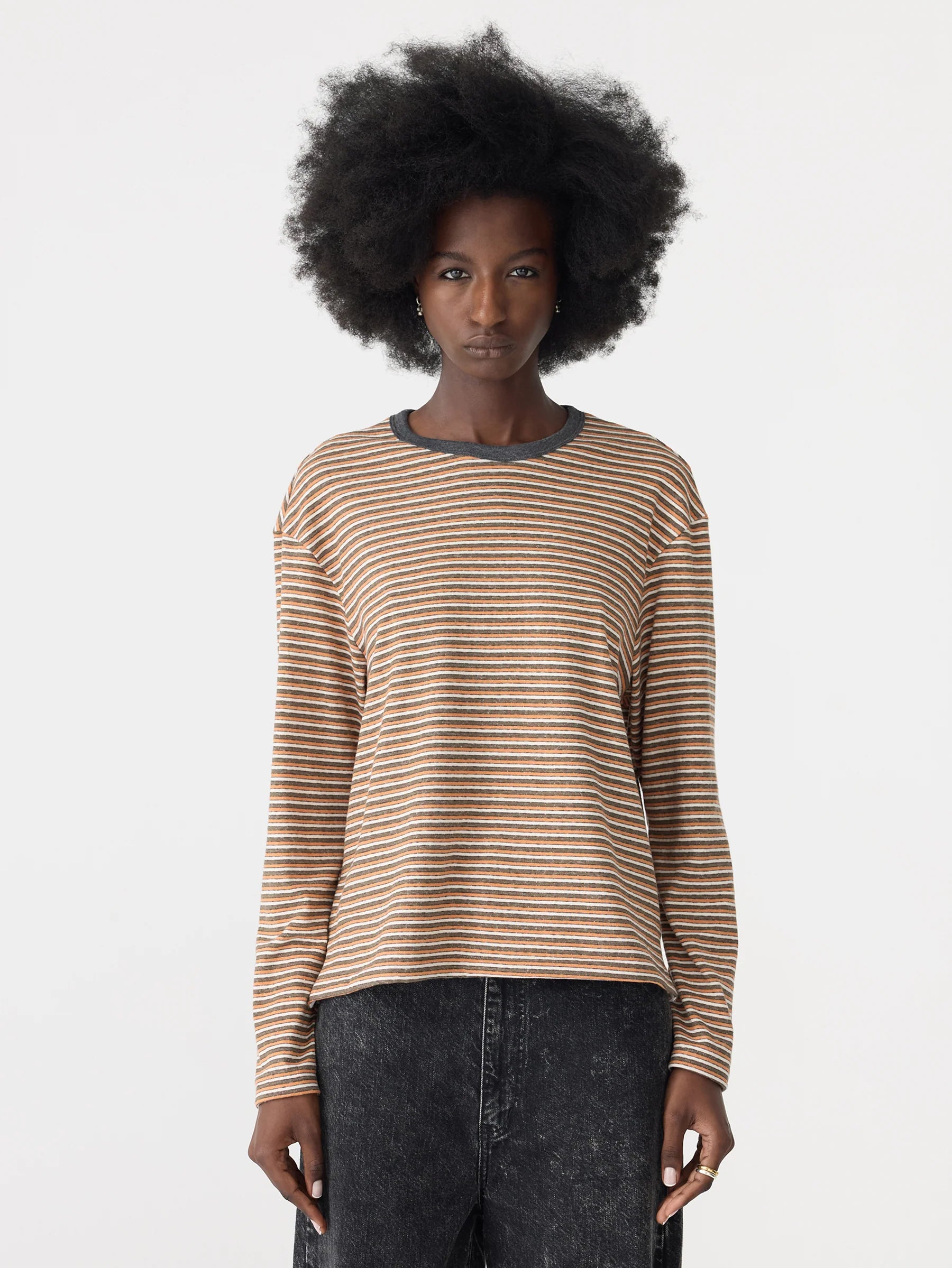 Bassike Vintage Stripe Heritage Long Sleeve T-Shirt in Orange and Charcoal and White - styled look