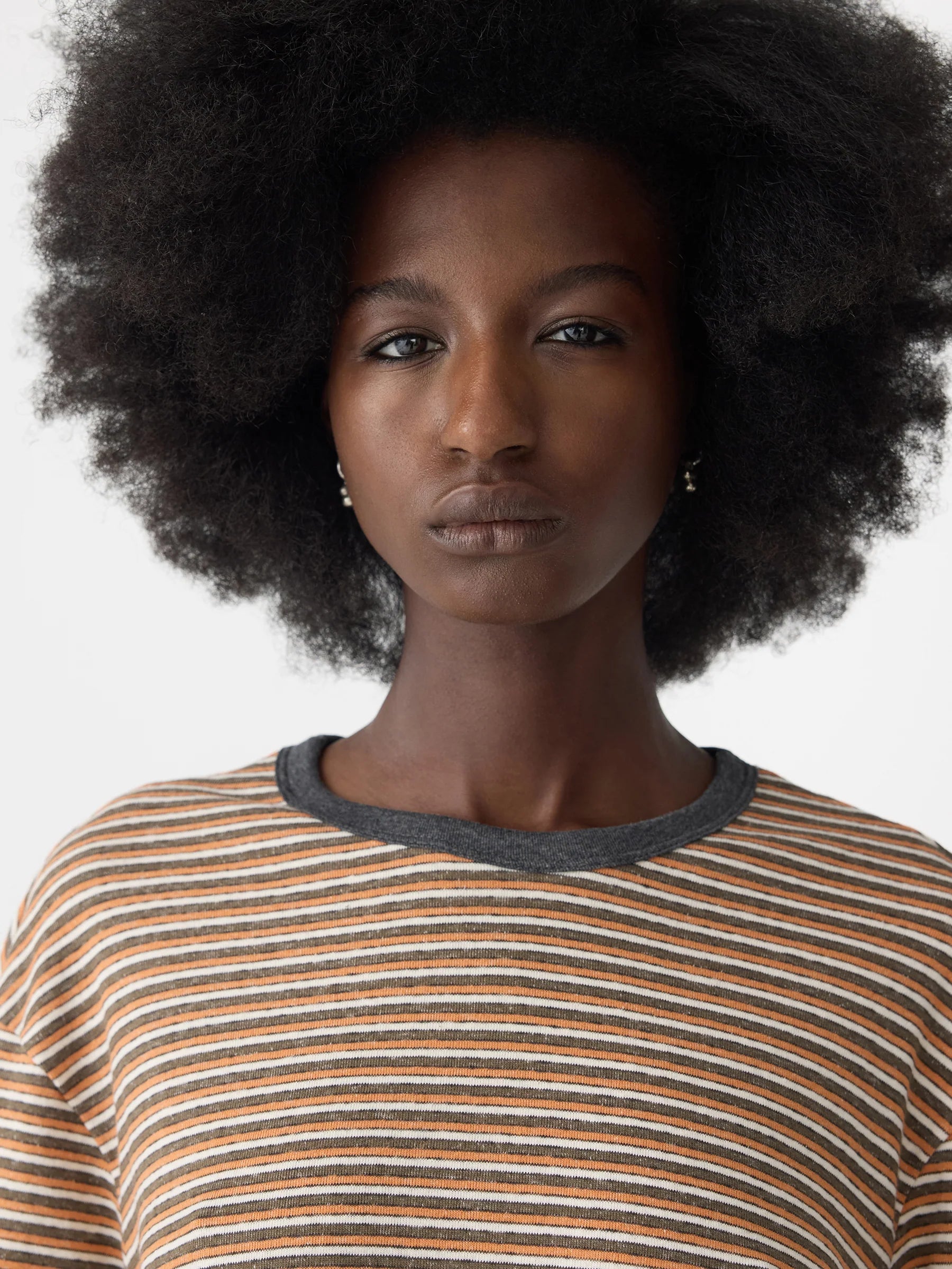 Bassike Vintage Stripe Heritage Long Sleeve T-Shirt in Orange and Charcoal and White - close up