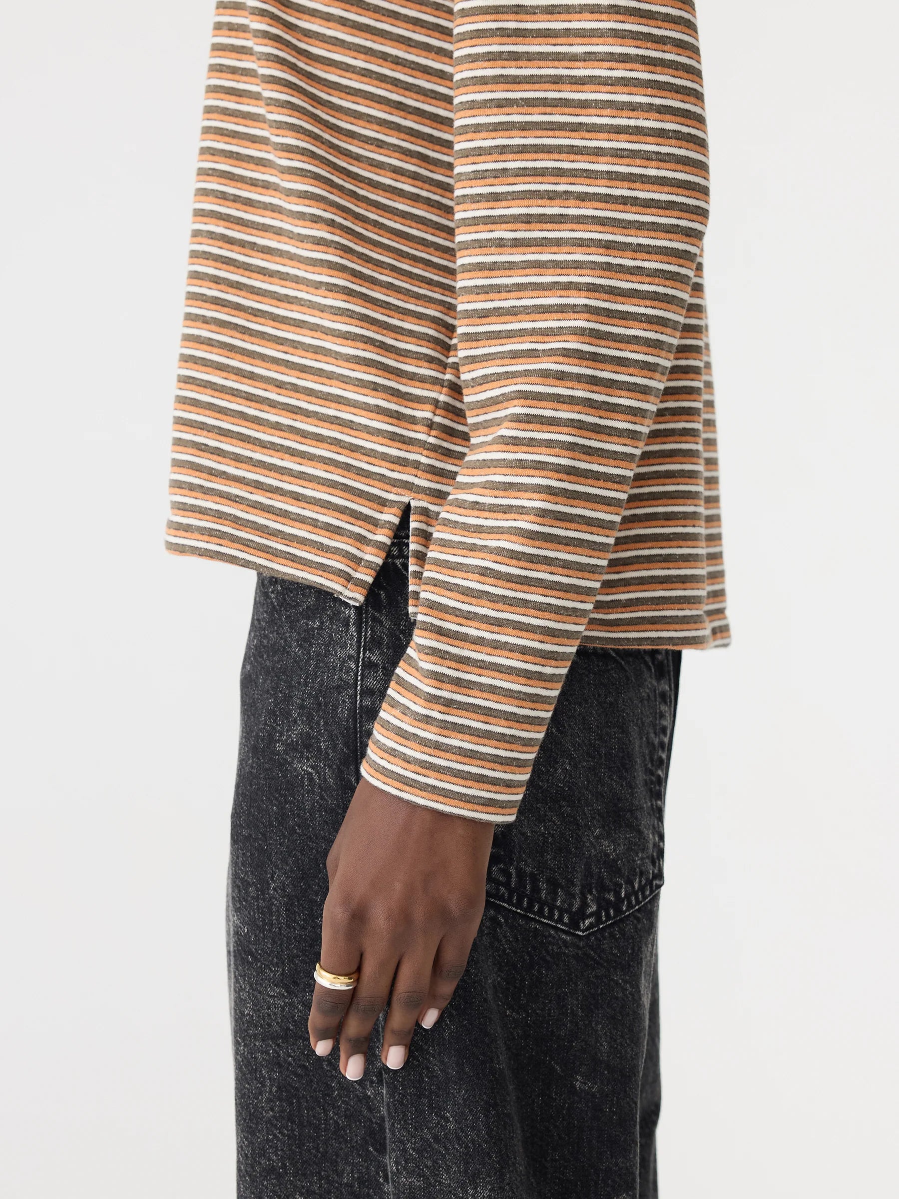 Bassike Vintage Stripe Heritage Long Sleeve T-Shirt in Orange and Charcoal and White - outfit inspiration