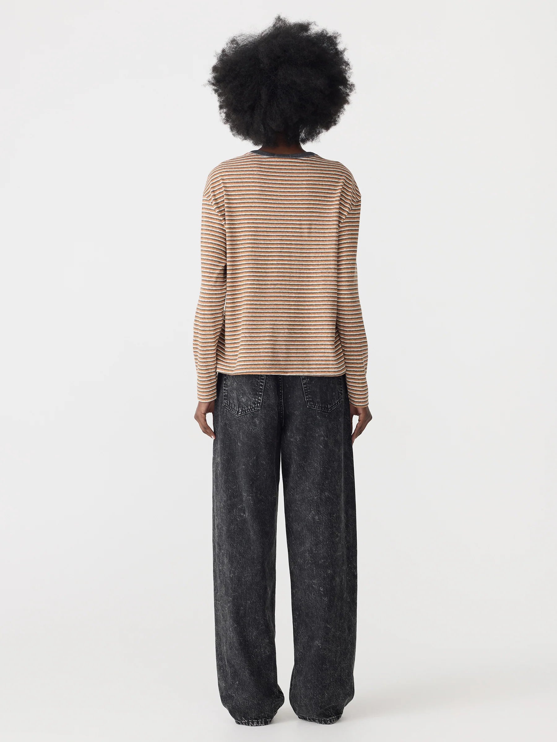 Bassike Vintage Stripe Heritage Long Sleeve T-Shirt in Orange and Charcoal and White - detail view
