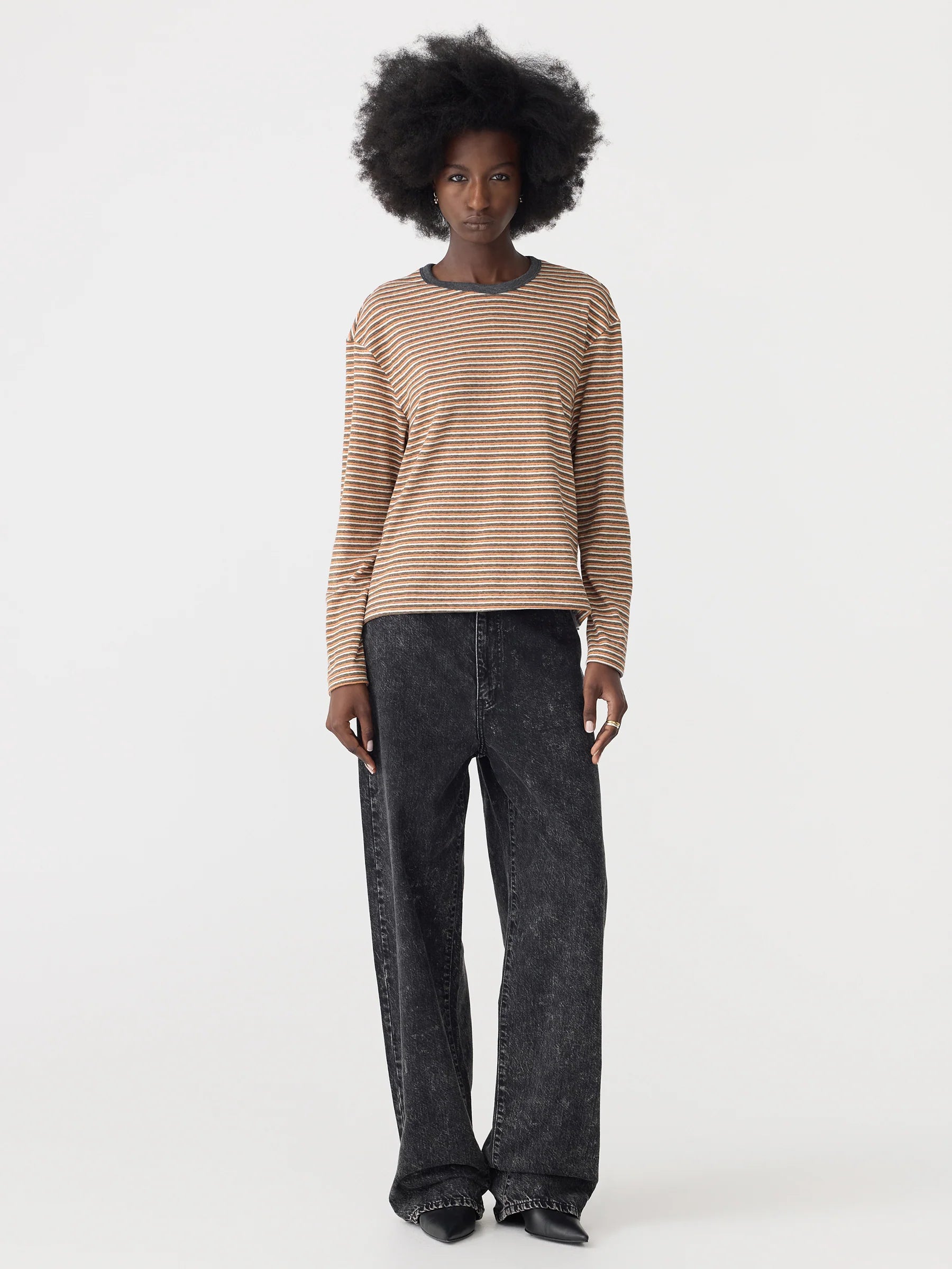 Bassike Vintage Stripe Heritage Long Sleeve T-Shirt in Orange and Charcoal and White - side view