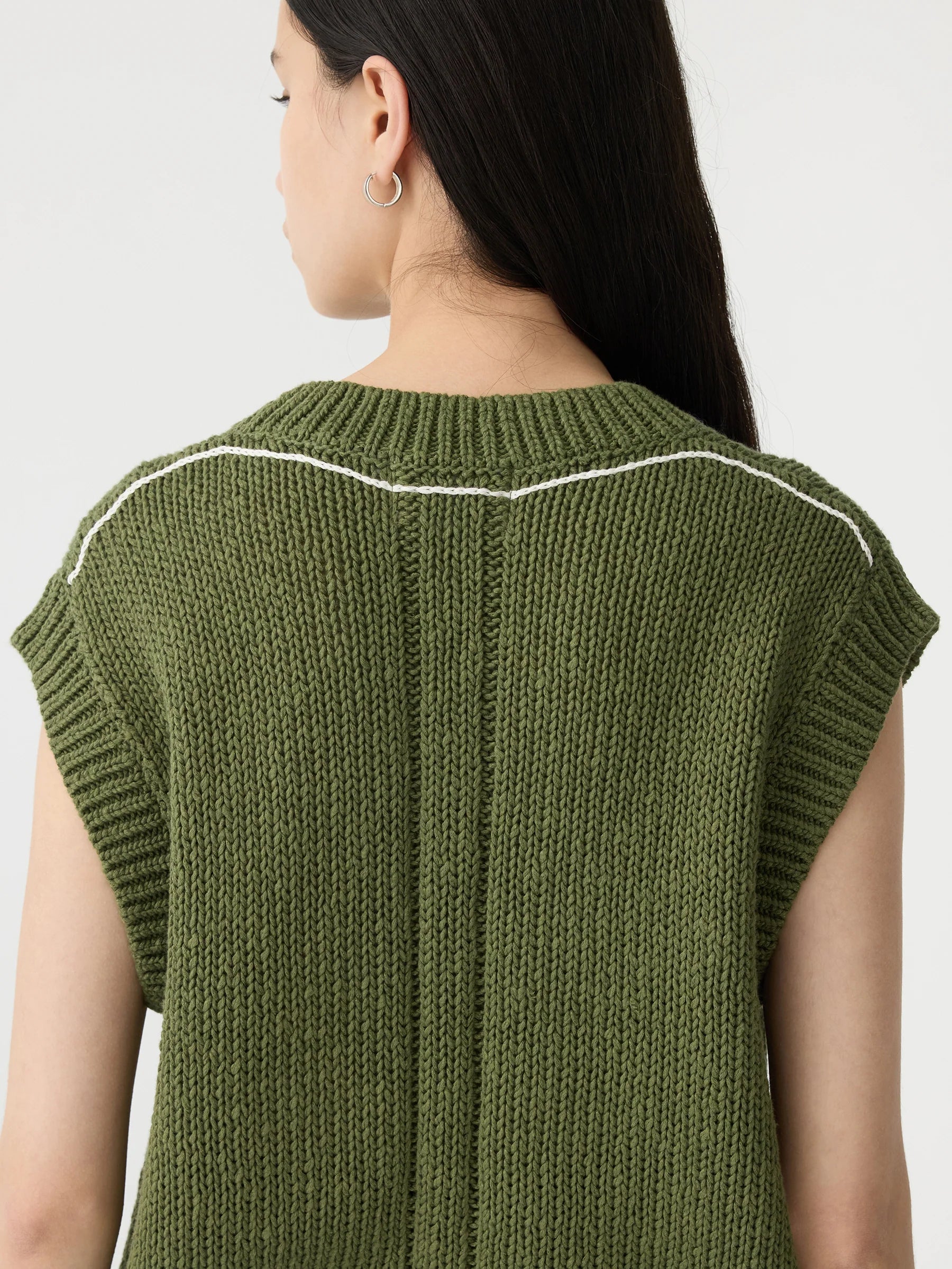 Bassike Cotton Linen V Neck Knit in Military