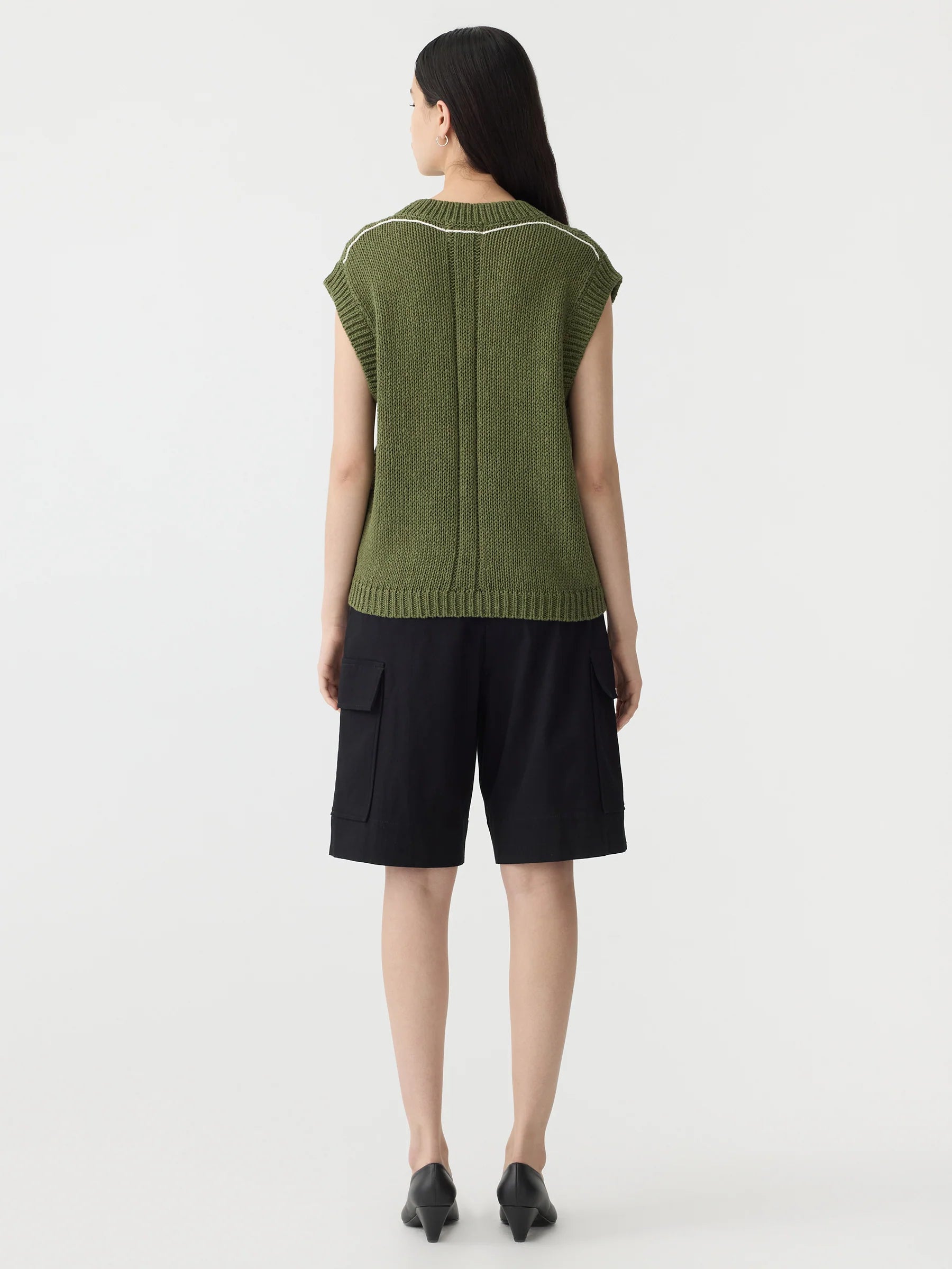 Bassike Cotton Linen V Neck Knit in Military