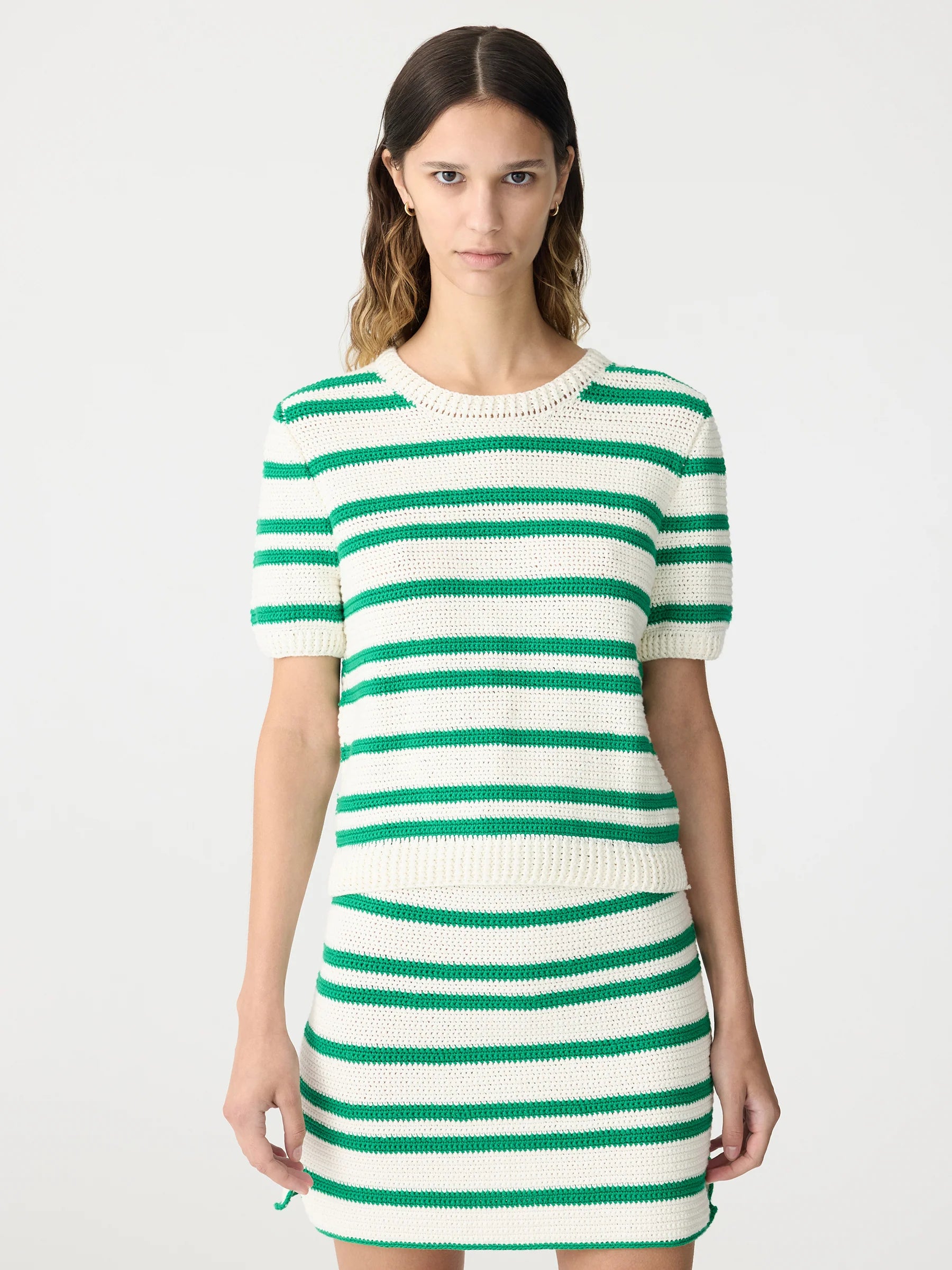 Bassike Crochet Stripe T-Shirt Knit in Aloe Vera and White