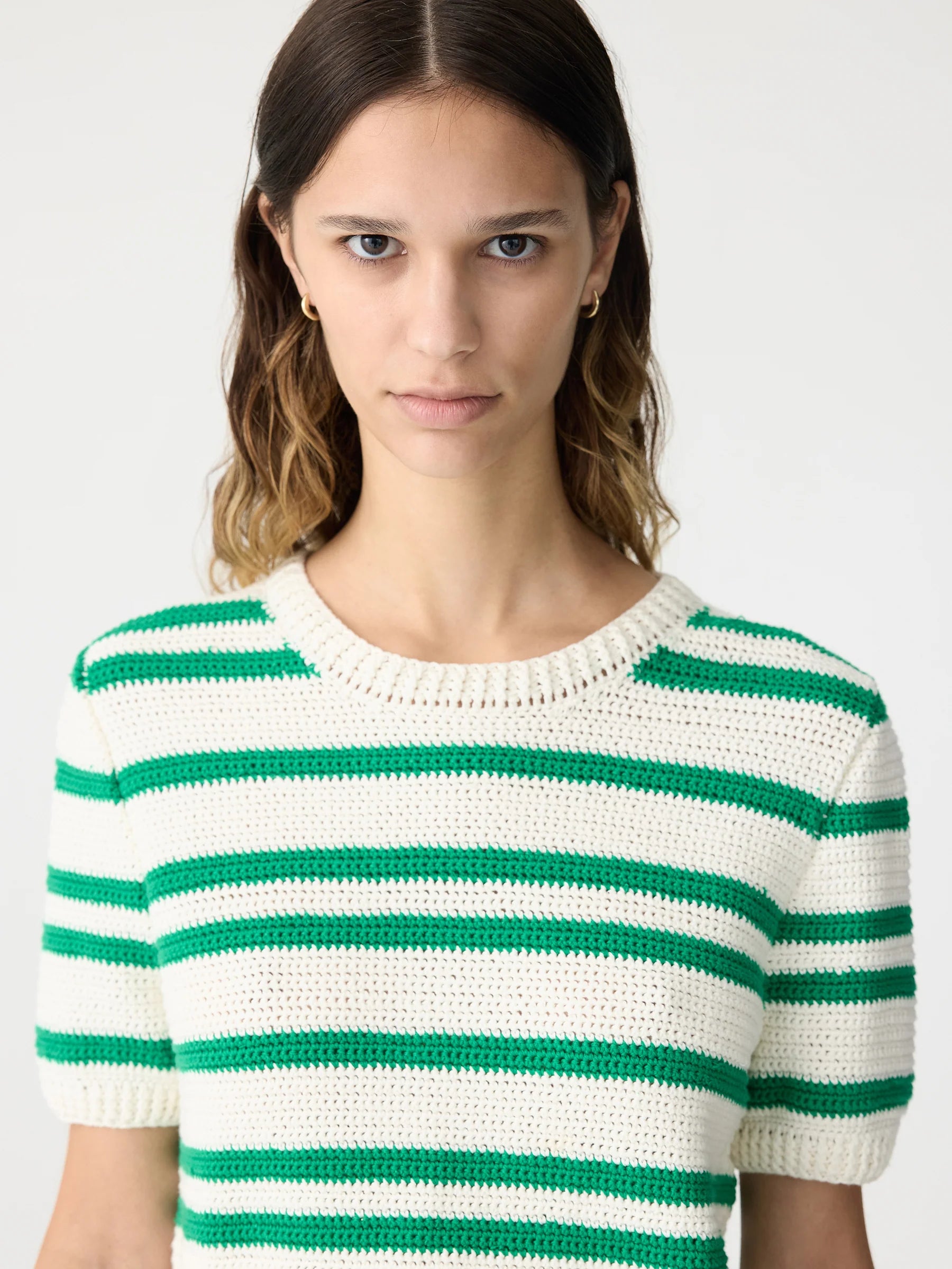 Bassike Crochet Stripe T-Shirt Knit in Aloe Vera and White