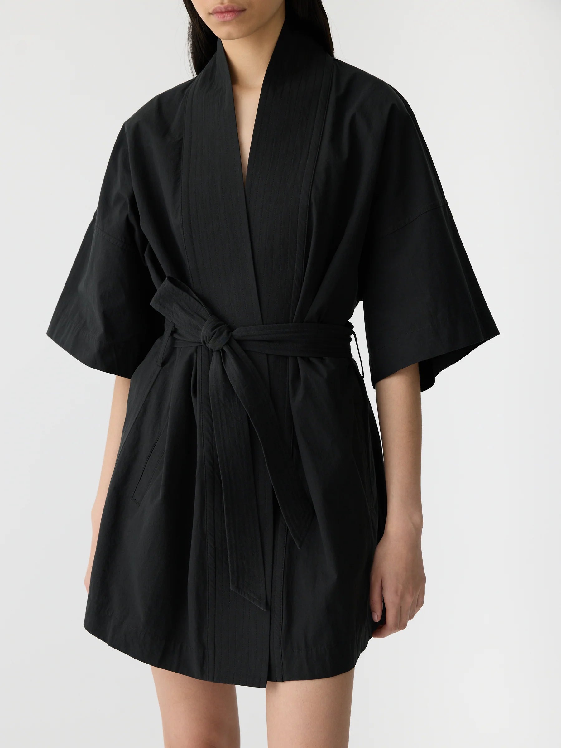 Bassike Crushed Cotton Wrap Dress in Black