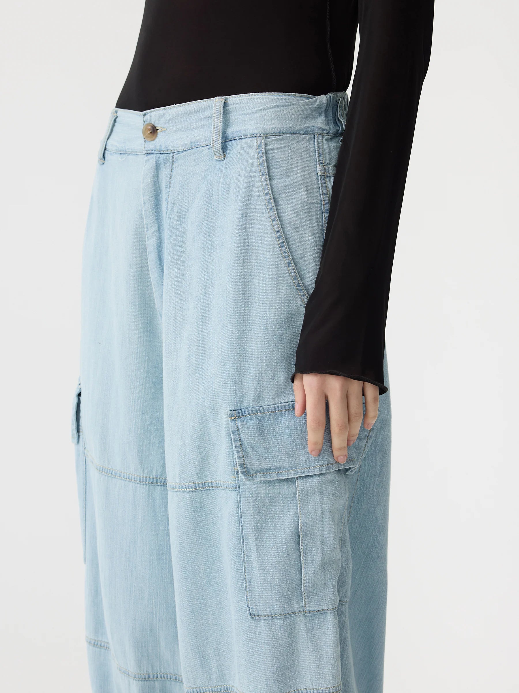 Bassike Denim Utility Cargo Pant in Light Vintage Blue