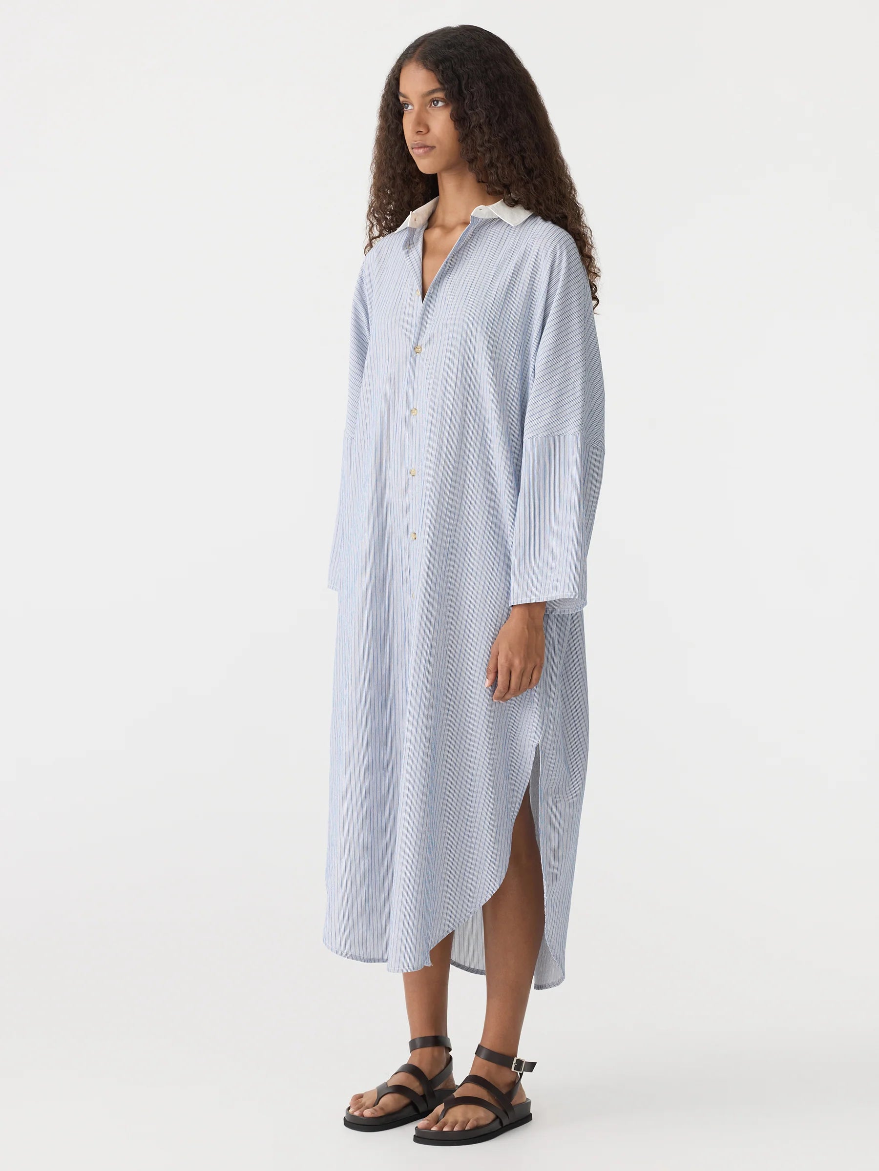 Bassike Dobby Stripe Shirt Dress in Blue Stripe