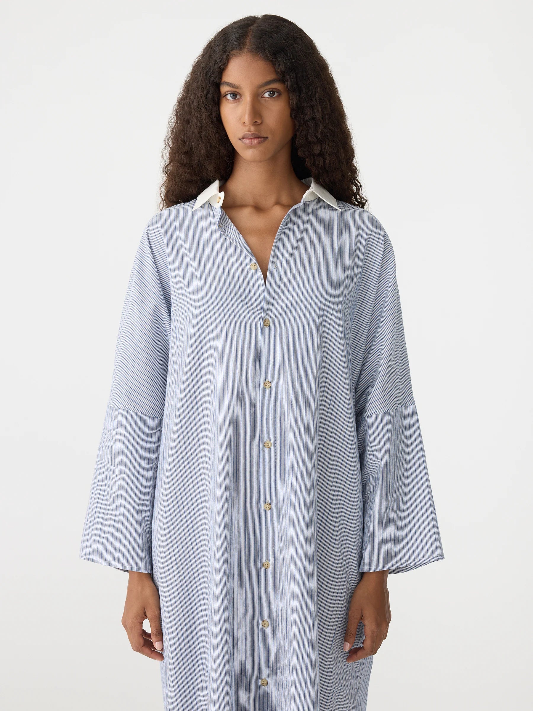 Bassike Dobby Stripe Shirt Dress in Blue Stripe