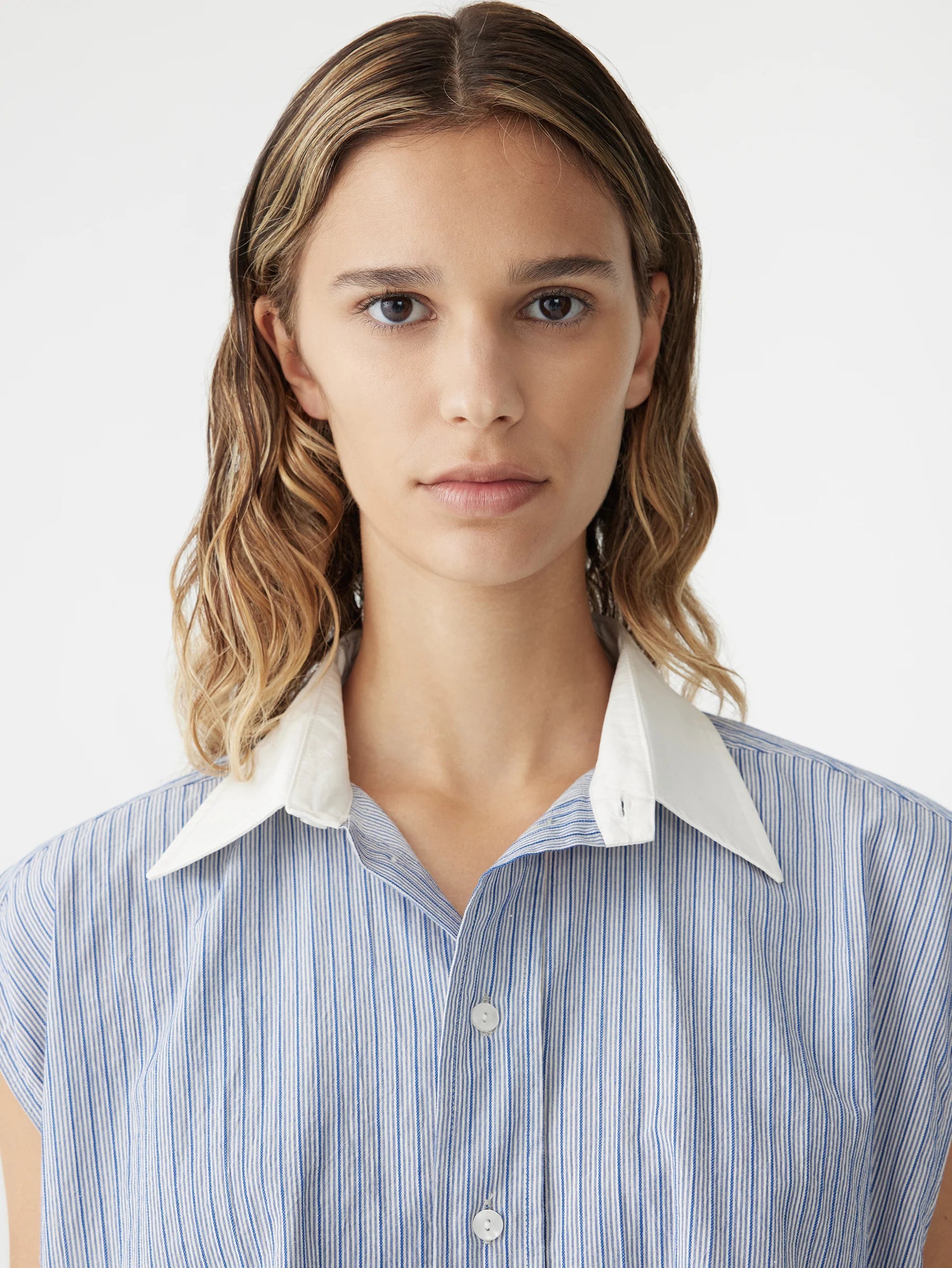 Bassike Dobby Stripe Sleeveless Shirt in Blue Stripe