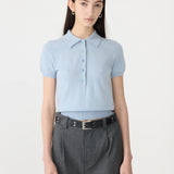 Bassike Wool Cashmere Short Sleeve Slim Fit Polo in Pale Blue and Charcoal and Marle