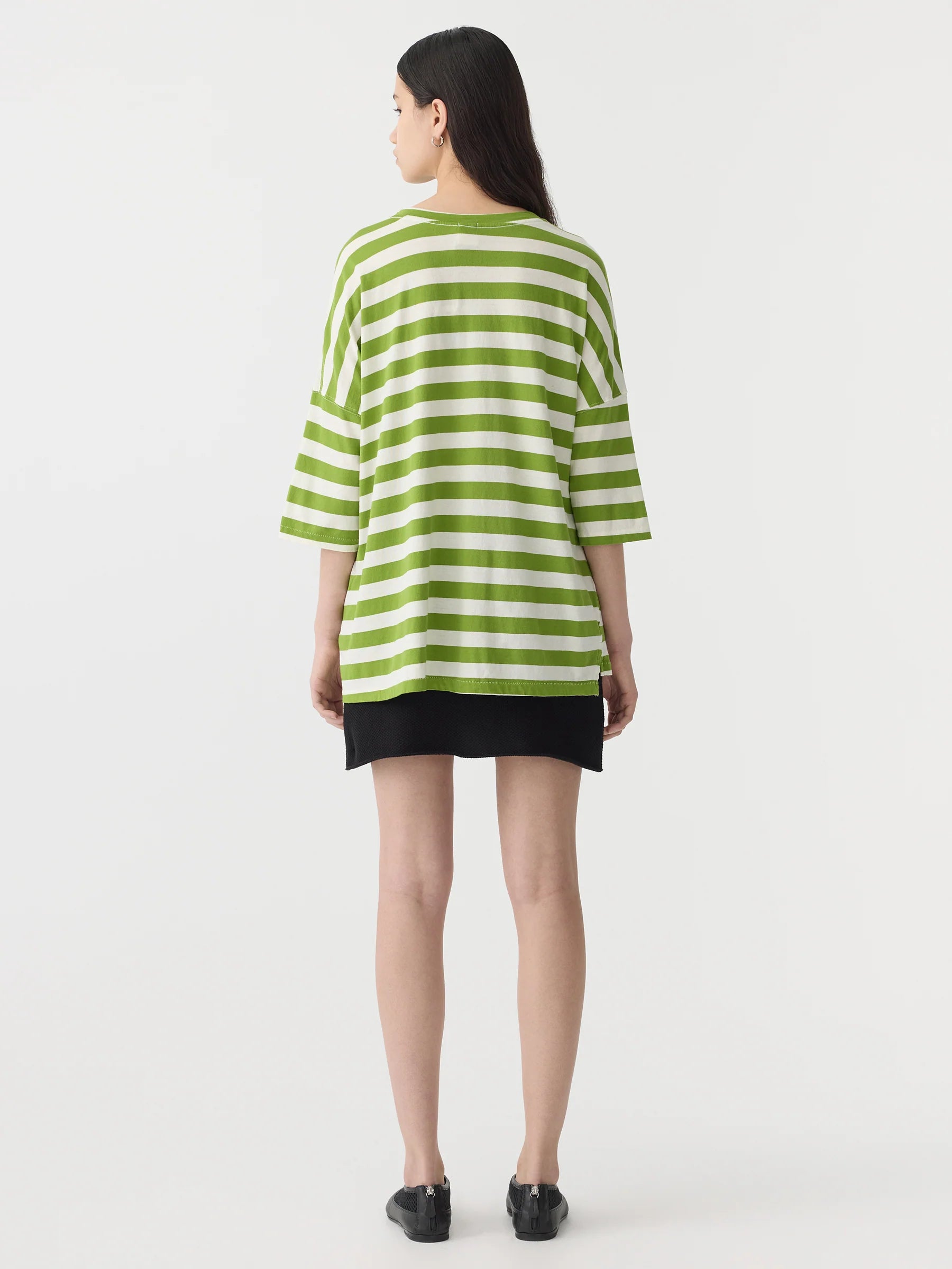 Bassike Stripe Side Step Short Sleeve T-Shirt in Green and Natural