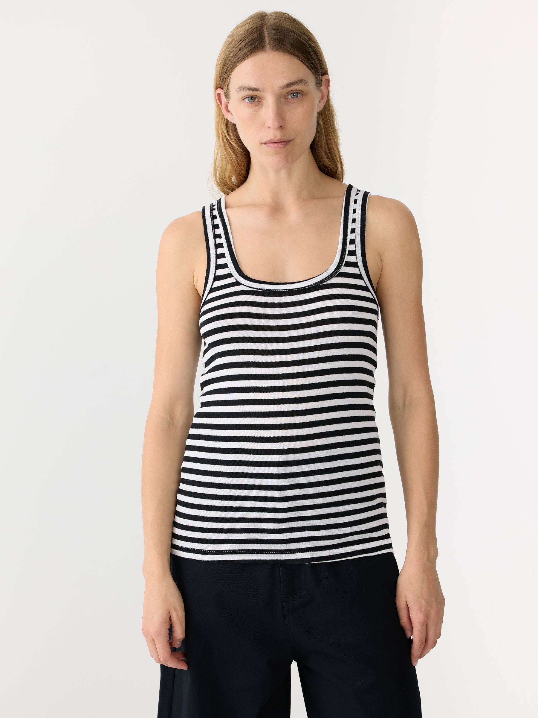 Bassike Stripe Slim Rib Tank II in Black and White