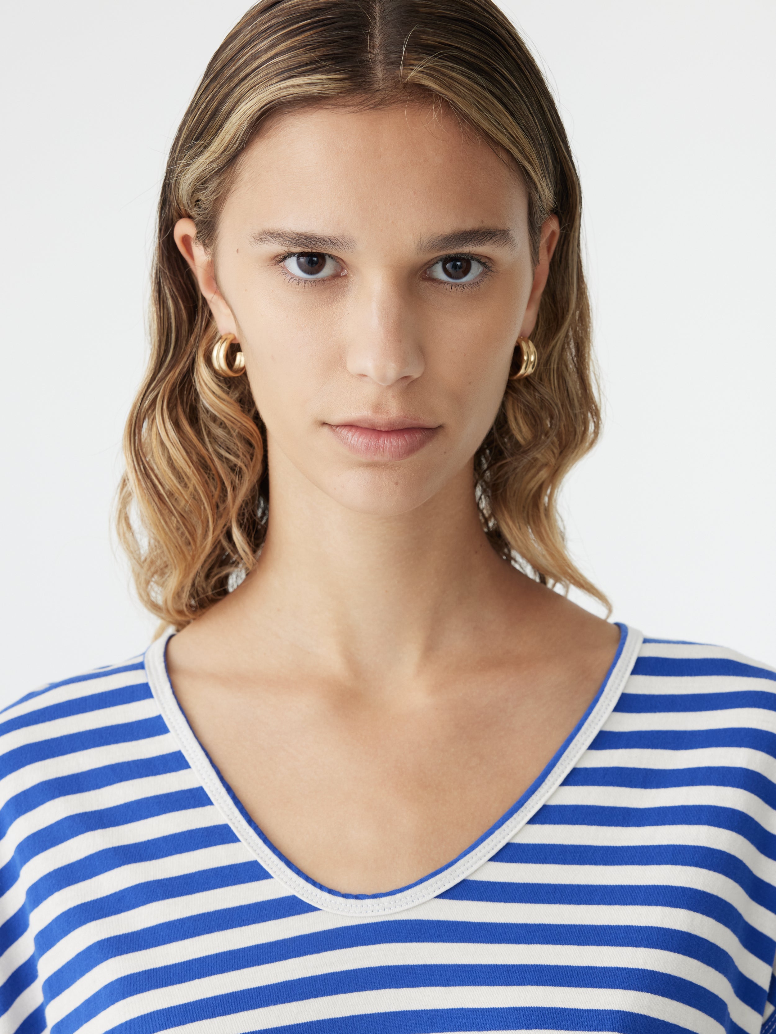 Bassike Stripe Scoop Neck Tank in Natural and Cobalt