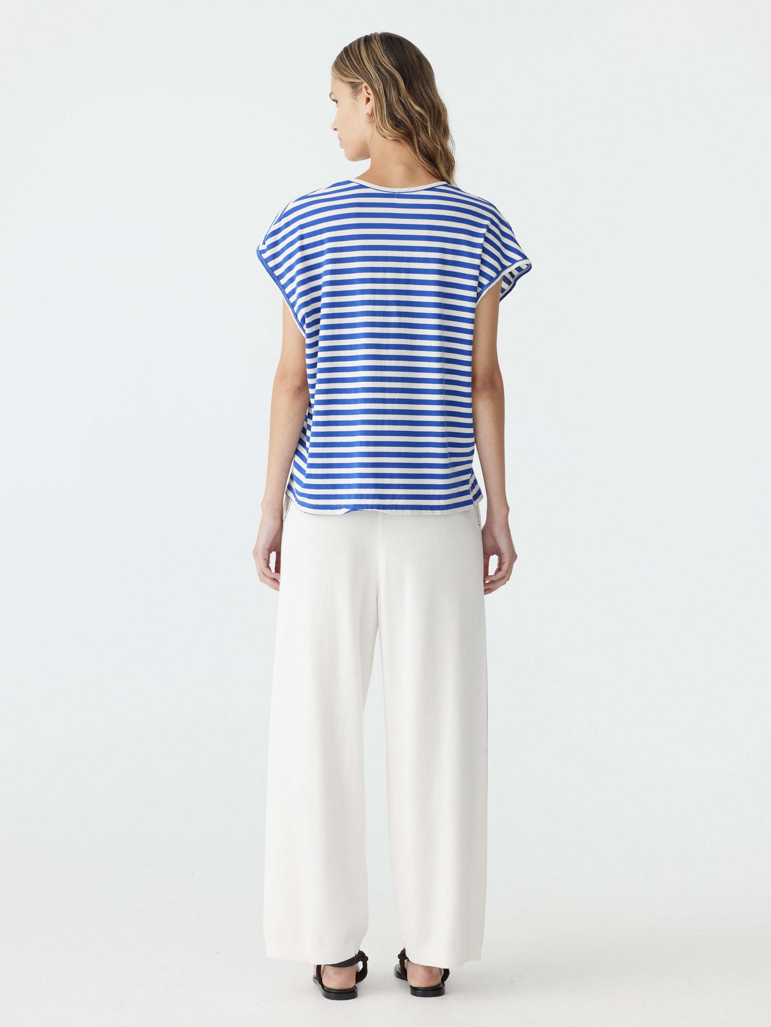 Bassike Stripe Scoop Neck Tank in Natural and Cobalt