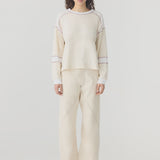 Bassike Long Sleeve Slouch Panelled T-Shirt in Canvas White and White and Plum