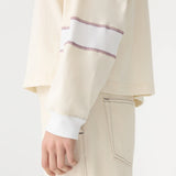 Bassike Long Sleeve Slouch Panelled T-Shirt in Canvas White and White and Plum
