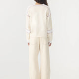 Bassike Long Sleeve Slouch Panelled T-Shirt in Canvas White and White and Plum