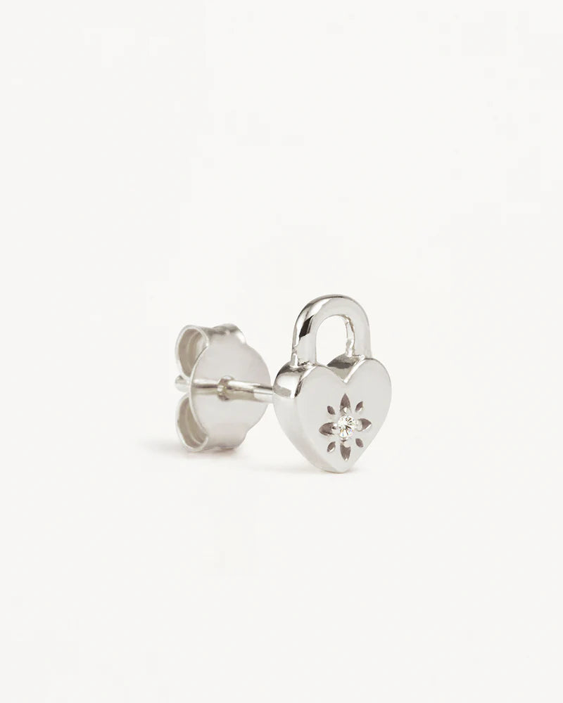 By Charlotte Crystal Lotus Heart Padlock Stud Earrings in Silver