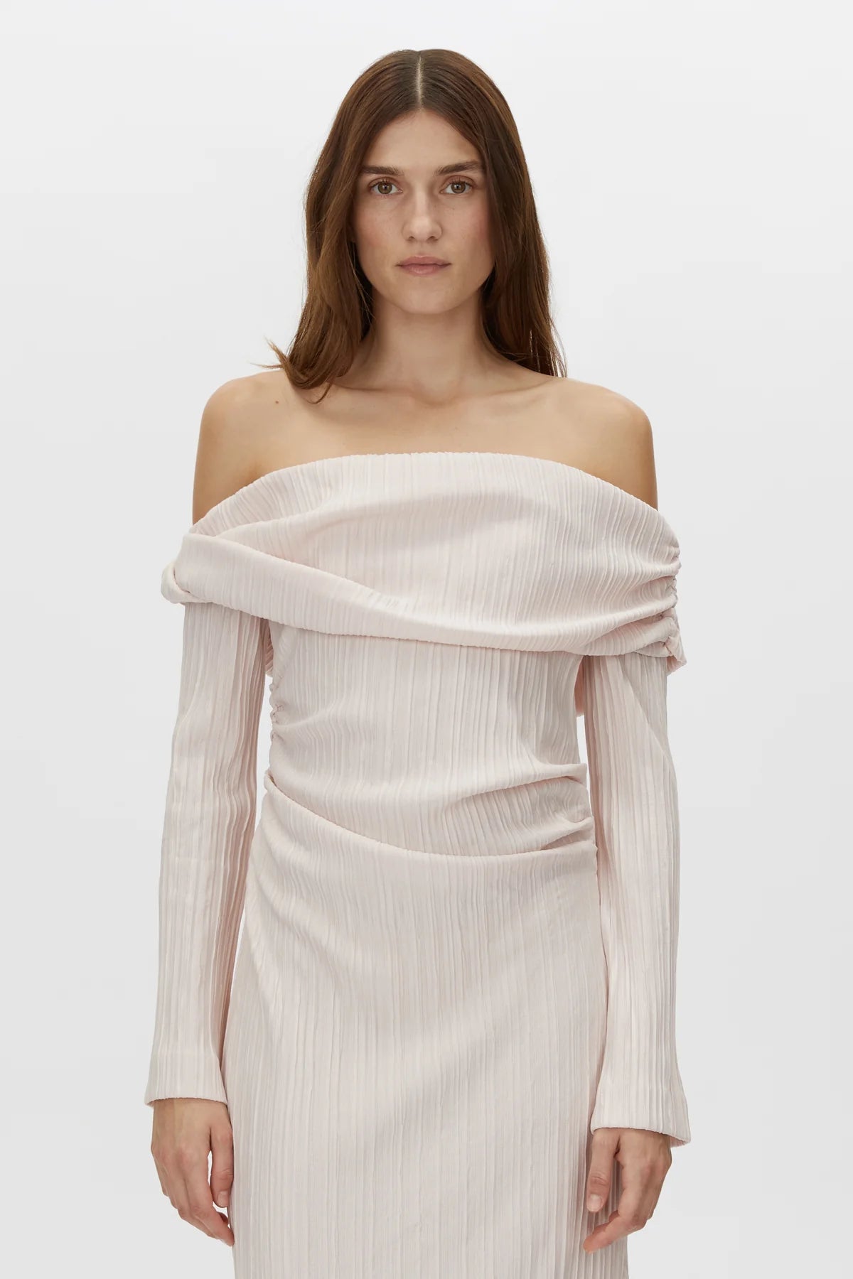 Camilla and Marc Shaw Off Shoulder Dress in Ice Pink