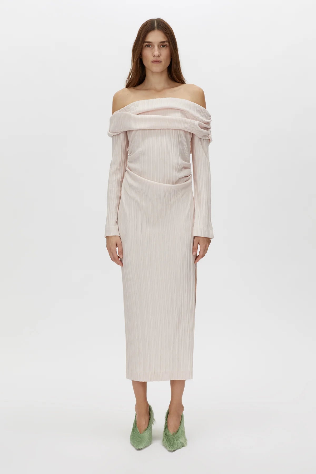 Camilla and Marc Shaw Off Shoulder Dress in Ice Pink