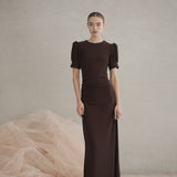 Luxe De Valentina Ruched Como Maxi Dress in Espresso Fine Metallic Knit