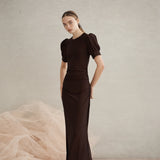 Luxe De Valentina Ruched Como Maxi Dress in Espresso Fine Metallic Knit