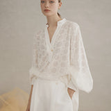 Luxe De Valentina Rea Shirred Cuff Shirt in White Embroidered