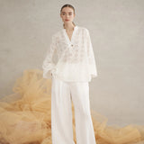 Luxe De Valentina Rea Shirred Cuff Shirt in White Embroidered
