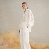 Luxe De Valentina Rea Shirred Cuff Shirt in White Embroidered