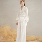 Luxe De Valentina Rea Shirred Cuff Shirt in White Embroidered