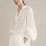 Luxe De Valentina Rea Shirred Cuff Shirt in White Embroidered
