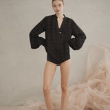 Luxe De Valentina Rea Shirred Cuff Shirt in Black Embroidered