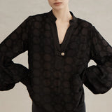 Luxe De Valentina Rea Shirred Cuff Shirt in Black Embroidered