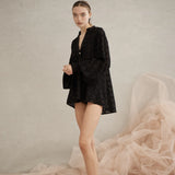 Luxe De Valentina Rea Shirred Cuff Shirt in Black Embroidered