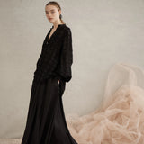 Luxe De Valentina Rea Shirred Cuff Shirt in Black Embroidered
