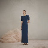Luxe De Valentina Ruched Como Maxi Dress in Navy Fine Metallic Knit