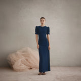 Luxe De Valentina Ruched Como Maxi Dress in Navy Fine Metallic Knit
