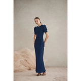 Luxe De Valentina Ruched Como Maxi Dress in Navy Fine Metallic Knit