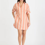 LMND Chiara Half Placket Mini Dress in Burnt Orange Multi Stripe